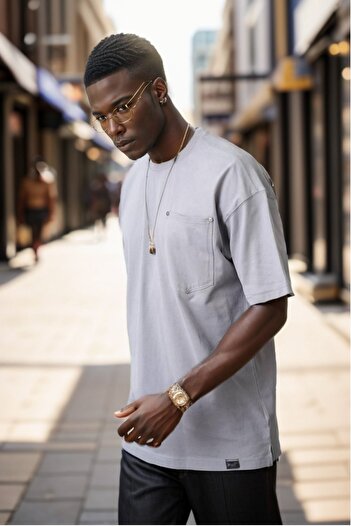 Balenbi Gray Oversize Men's T-Shirt - Crew Neck, Pocket