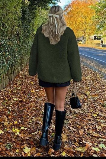 Madmext Khaki Buttoned Plush Women's Coat Mg2531