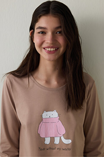 Penti Beige Ent Crew Neck Slogan Printed Cotton Sweatshirt Pajama Set