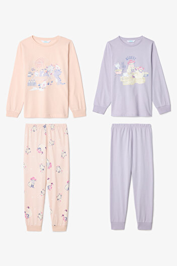 Penti Girls' Meowdy Cat Patterned Cotton 2-Piece Long Sleeve Pajamas Set