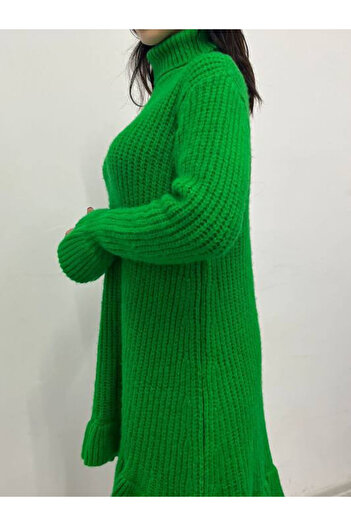 RACE FASHİON Crew Neck Long Knit Dress with Ruffled Sleeves and Hem Rc8000