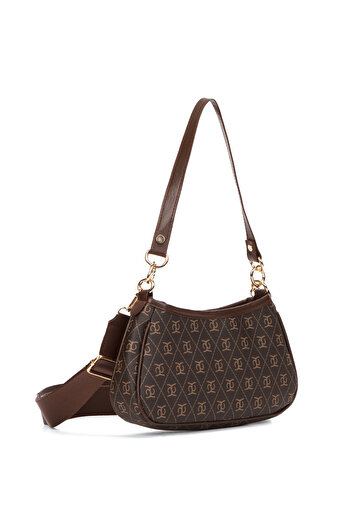Newish Women's Brown Patterned Adjustable Cross Strap Cross Hand And Shoulder Baguette Bag Handle Bag