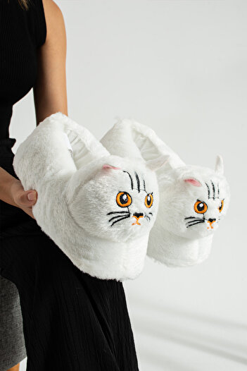 Moda Devrin Λευκό Animal Silent Sole Παντόφλες Λούτρινα παπούτσια για το σπίτι με χαριτωμένη φιγούρα γάτας