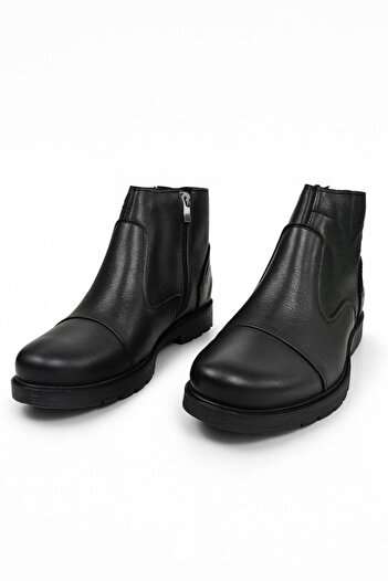 İmerShoes Günlük Erkek Siyah Ayakkabı Dışı Hakiki Deri Içi Kürklü Büyük Numara Kaymaz Taban Fermuarlı Bot 087