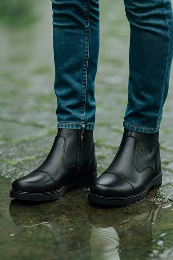 İmerShoes Чоловічі чорні черевики на щодень, зовнішня частина з натуральної шкіри, внутрішня частина з хутром, великий розмір, не ковзаюча підошва, на блискавці 087