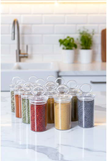 Serin Bardak 12 Pieces Spice Jar Set with Handles and Vacuum Lid (TRANSPARENT SPICE Label GIFT)
