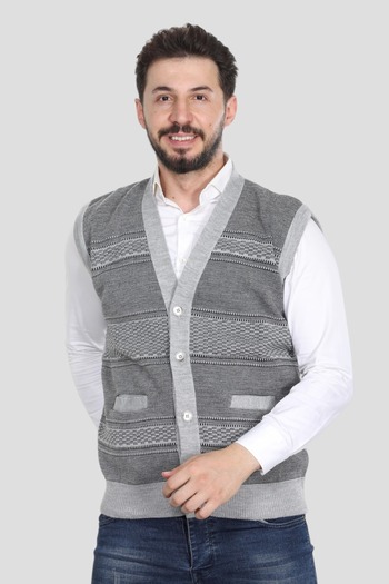 HEDEFNUR TEKSTİL Light Gray Buttoned Dad Vest with Double Pockets