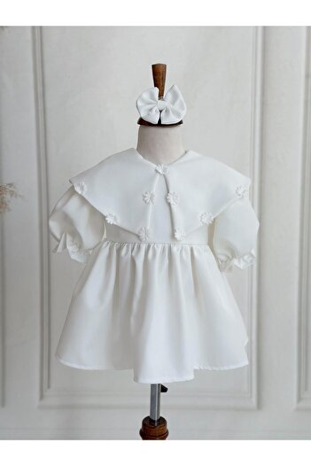 Hobidik Baby Baby Girl Child Off White Crepe Fabric Flower Detail Mevlüt Φόρεμα γενεθλίων ειδικής περίστασης