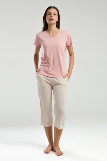 Arnetta 3221 Large Size Women's V-Neck Short Sleeve Capri Striped Pajamas Set