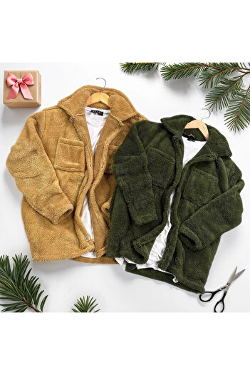 Fifty Color Unisex Tan and Khaki Plush Fleece Cardigan Shirt