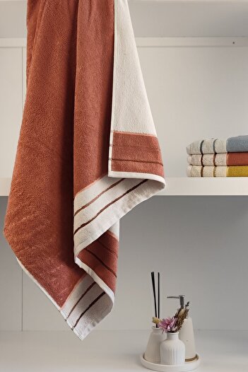 Sevim Thread Dyed 100% Cotton Bath Towel with Striped Edge - Soft & Highly Water Absorbent - 90X150 cm - Terra