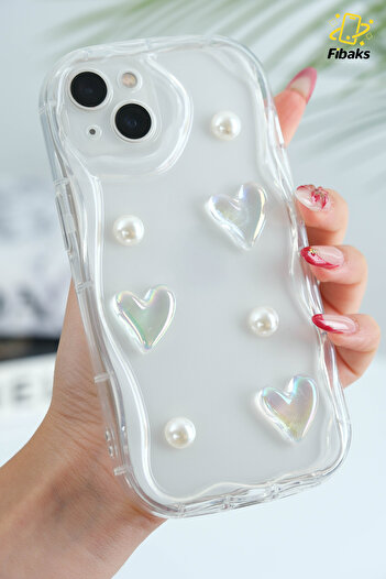 Fibaks Case for Apple iPhone 15 3D Heart Pearl Design Patterned Camera Protection Transparent Silicone Cover