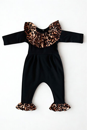 Parla Kids Baby Girl Dark Leopard Collared Jumpsuit with Snap Detail