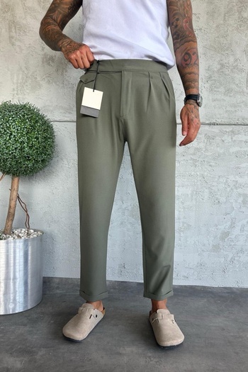 MADZEYMODA Men's Boyfriend Mold Pleated Double Leg Khaki Green Fabric Trousers Ke-1033