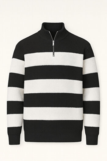 Valiberta Pedro Oversize Striped Thessaloniki Knitted Half-Zip Sweater for Men - Black