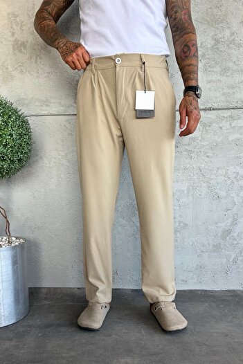 MADZEYMODA Ανδρικό φαρδύ παντελόνι KE-1000 Model - Πλισέ Κρεμ ύφασμα