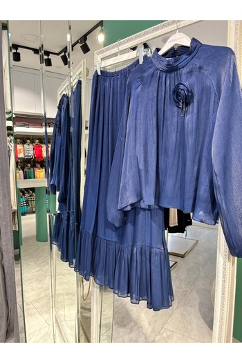 MERAM BUTİK Marcha Jacquard Skirt Suit - Navy Blue - 40