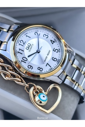 Q&Q Yellow Color Steel Cord White Dial, Numeral Vintage Women's Wristwatch + Bracelet Gift