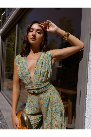 FASHION COCKTAIL Boho Binding Design Viscose Wide Sides Short Flared Leg Summer Vacation Seaside Long Bohemian Jumpsuit Mint
