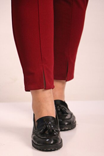 Eslina F-39045 Plus Size Scuba Front Slit Narrow Leg Trousers-Burgundy