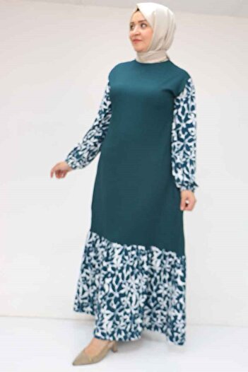 Eslina F-52010 Plus Size Patterned Wrap Dress with Ruffles - Ecru-Petrol