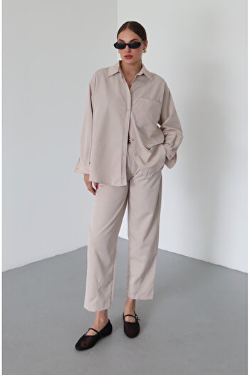 My Blog Stone Belted Shirt Pants Set - 8453