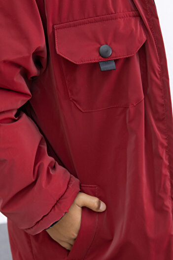 Cansın Mini Claret Red Snap Fastener Chest Pocketed Fur Lined Boy's Hooded Coat 21350