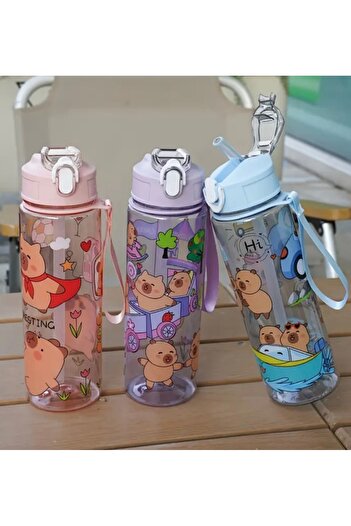 SEZİNCE Capybara Water Bottle 850 ml with Pink Straw