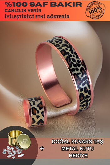 OSMANLI GÜMÜŞ Women's Copper Bracelet Ring Set - Leopard Model Special Edition Metal Box and Quartz Stone