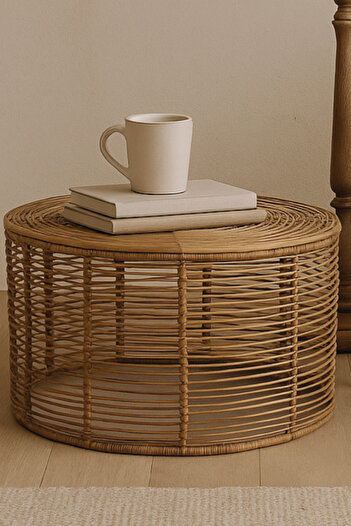 Lo Fi House Folk Küçük Yuvarlak Rattan Sehpa