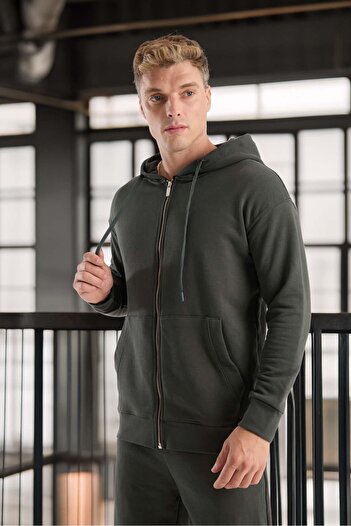 Valiberta Haneke Regular Fit Diagonal 3 Thread Zippered Hooded Men's Sweatshirt - Pine Green