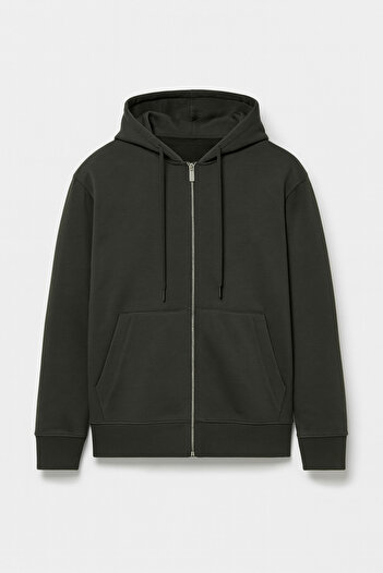 Valiberta Haneke Regular Fit Diagonal 3 Thread Zippered Hooded Men's Sweatshirt - Pine Green