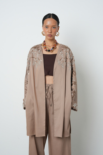 Orfeo Negro Women's Oversized Long Kimono with Beaded Collar and Sleeves