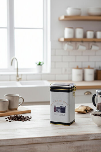 EVLE Er053-7f Azura Coffee Patterned Rectangular Metal Storage Container 8x10 Cm
