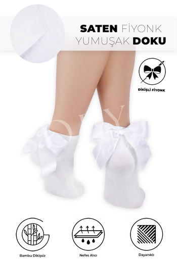 Sofya Passion White Bow Bamboo White Socks - Seamless Toe, Soft White Women's Socks