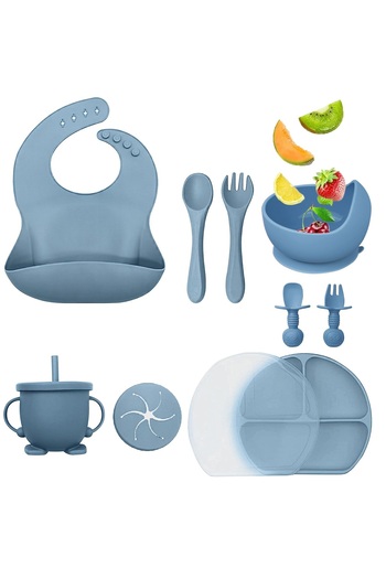 ZenAI Baby diversification feeding set, 10 pieces, silicone, lid included, ocean blue