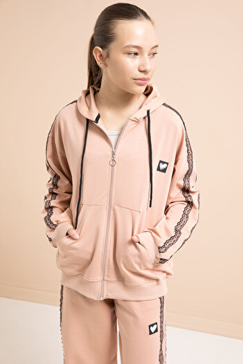 Cansın Mini Beige Lace Striped Cardigan Girl's 2-Piece Tracksuit Set 21247