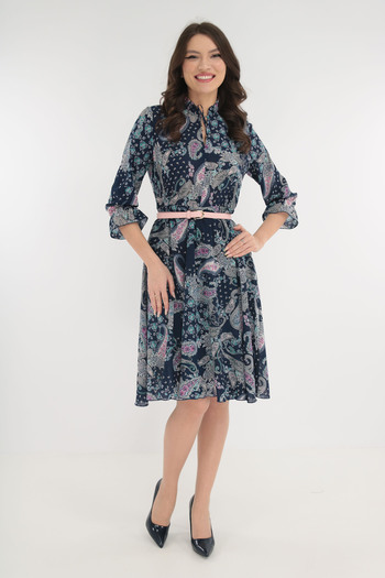 Vanessa Line RO Navy blue wrap dress with a pink belt at the waist