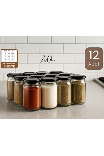 ZenGlow 12-Piece Glass Spice Jar Set - Jars with Metal Lids Spice Storage Container Kitchen Organizer 370 ml