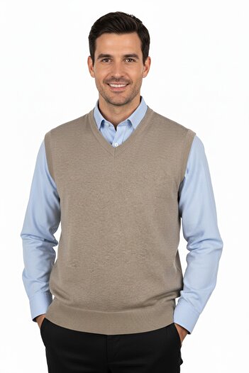 Oppland Men's V-Neck Solid Color Classic Model Comfortable Cut Full Pattern Thin Wool Woven Sweater