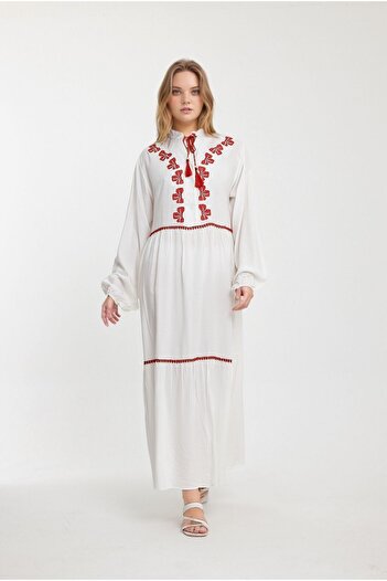 bacc White Embroidered Long Women's Dress - Woven, Bcvl-241005