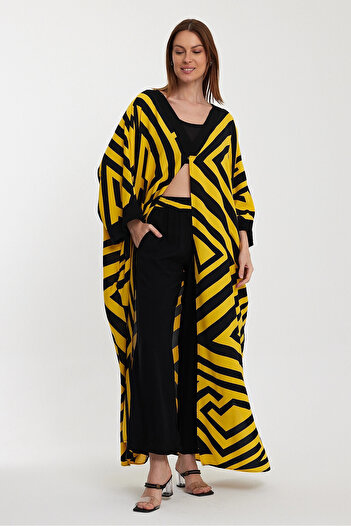 bacc Yellow Geometric Patterned Women's Trousers and Kimono Jacket Set - Bcvl-241015