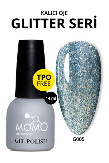 MOMO professional Glitter Kalıcı Oje G005, Yoğun Gümüş Parıltı Turkuaz, 14 ml, TPO- FREE
