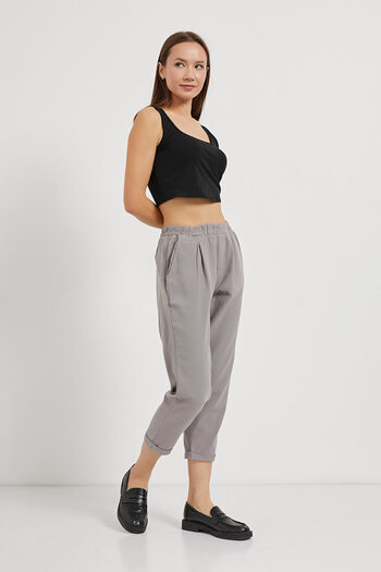 Arma Life Women's Elastic Waist Loose Linen Gray Carrot Trousers