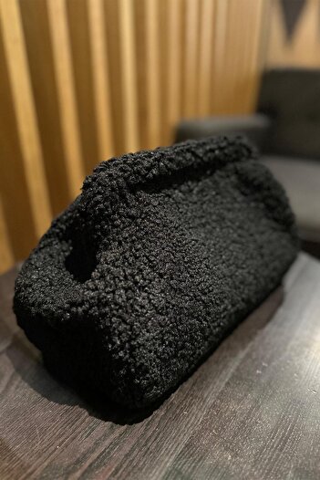 BAHELS Kadın Siyah Peluş Teddy Clutch Portföy Çanta