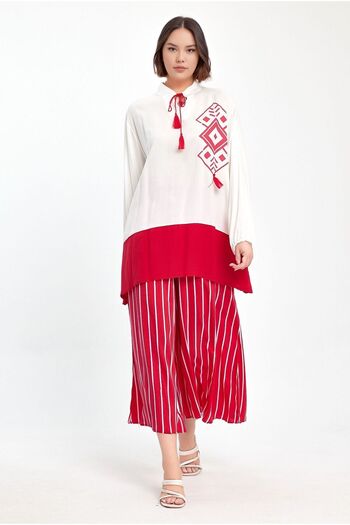 bacc Red Blocked Striped Women's Trousers and Long Tunic Set - Bcvl-241021