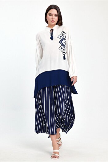 bacc Navy Blue Blocked Striped Women's Pants and Tunic Set - Bcvl-241021