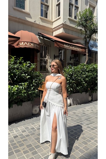 ForOus White Back British Belted Side Slit Zipper Detail Pinterest Dress