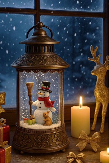 BeySüS Christmas Pine Tree Ornament Table Decor Lighted Musical Snowman Music Box Bell Jar Brown
