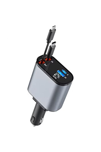 OEM Car Charger 4-in-1 120W Super-Fast, Retractable Cable USB-C + Lightning, 2 x USB-A + Voltage Display